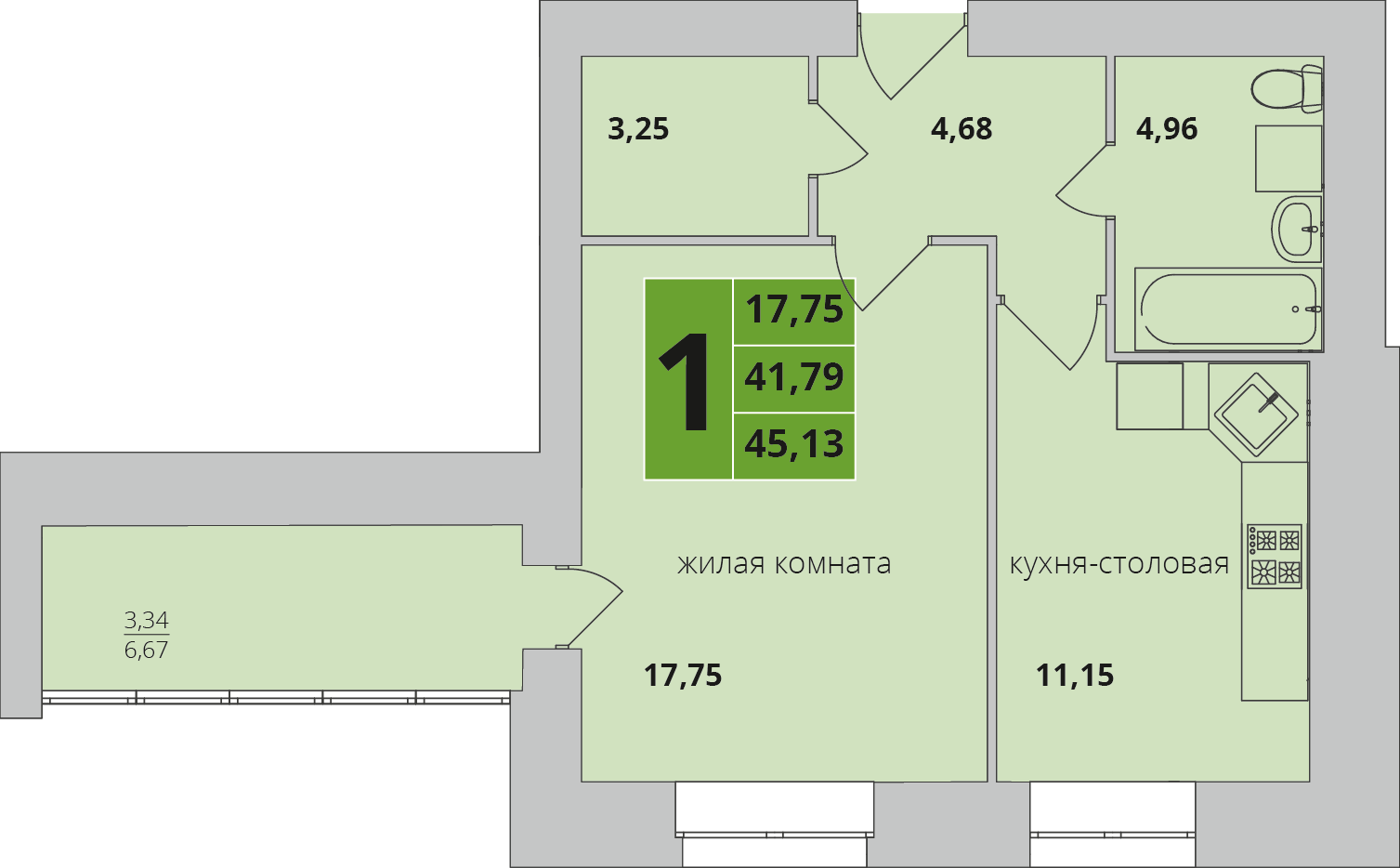 Дом №10, Секция 1, Этаж 1, 1-комнатная, 45.13 м2 | Кречетников парк